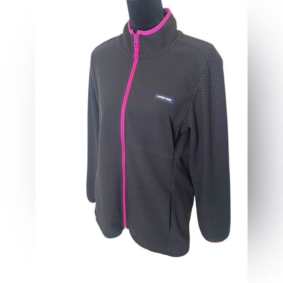 LANDS END BLACK GRID FLEECE ZIP‎ UP WINTER JACKET WOMENS SIZE LARGE - Picture 7 of 11
